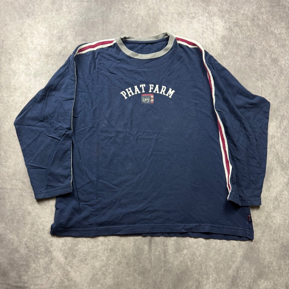 Vintage Phat Farm Long Sleeve Shirt Mens Navy Blue Streetwear Logo Striped XL
